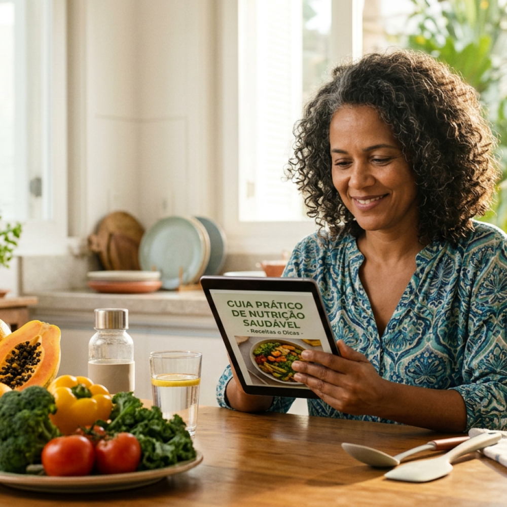 Firefly_Gemini Flash_IMAGEM 4 — Processo- Meio (Aplicação)__A Brazilian woman reading a digital ebook on a 650328